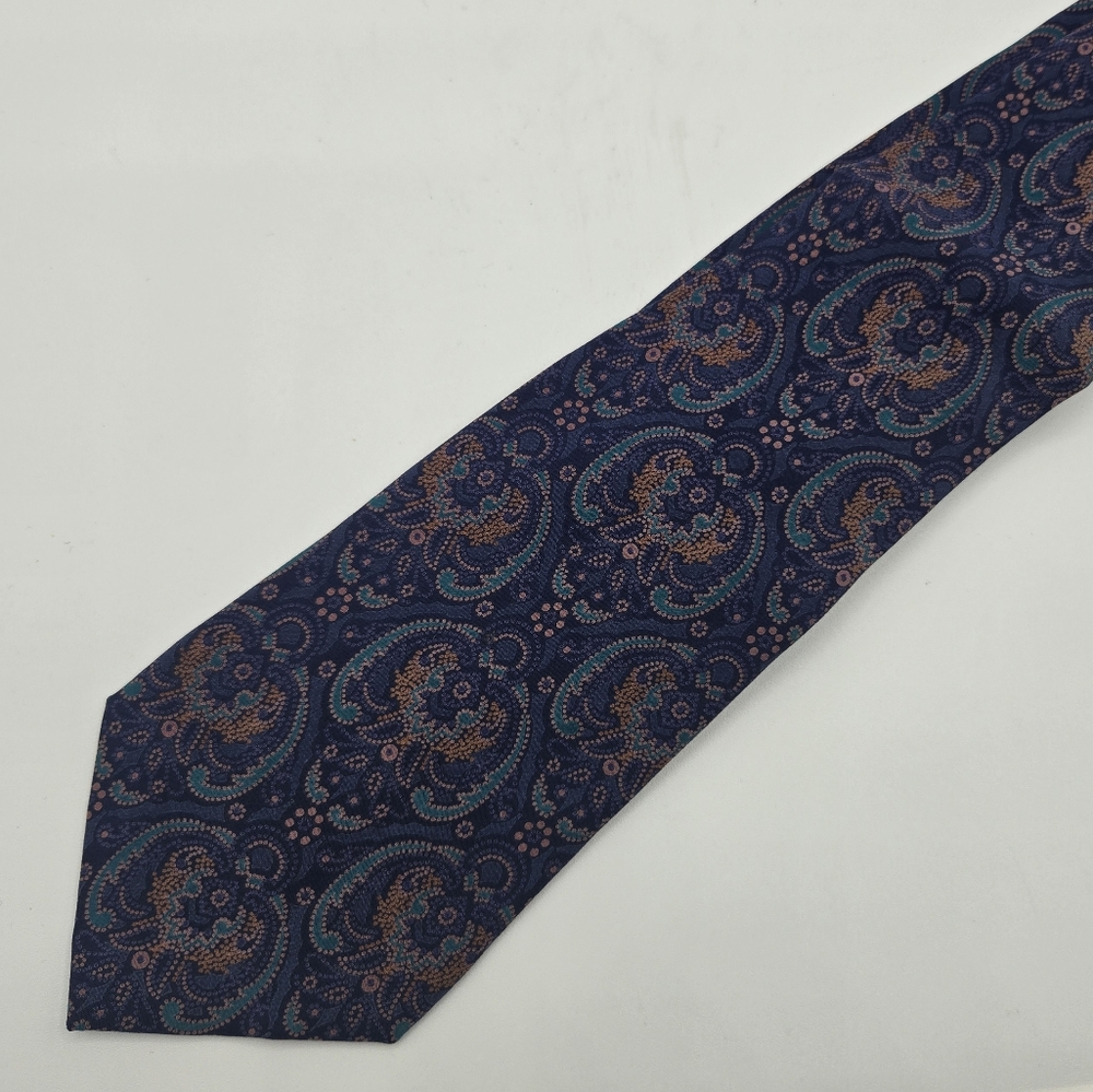 VALENTINO Printed 100%Silk Tie In Navy, Teal, Mustard, Orange
